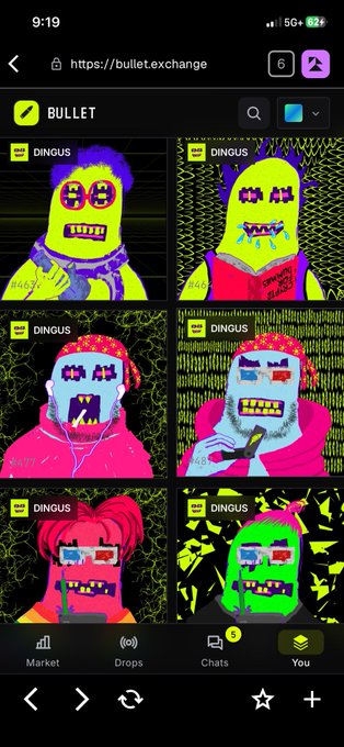 A mobile screenshot of the Bullet Exchange website displaying a grid of six vibrant, neon-colored cartoon NFT characters labeled "$DINGUS," illustrating the tradable NFT collection referenced in the post about buying DINGUS tokens bundled with NFTs.