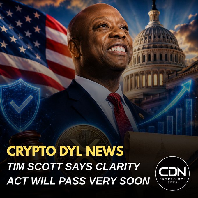 The graphic features Senator Tim Scott smiling confidently in front of the U.S. Capitol and American flag, with overlay text reading "CRYPTO DYL NEWS — TIM SCOTT SAYS CLARITY ACT WILL PASS VERY SOON" alongside a "CDN Crypto Dyl News" logo, visually symbolizing his confidence about imminent cryptocurrency regulatory legislation.