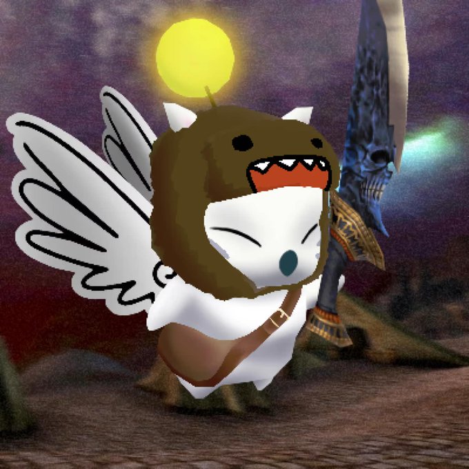 A whimsical white winged creature wearing a brown shark-like hood with a yellow sun on top, holding a large ornate sword with a skull design, standing in a dark, otherworldly landscape.