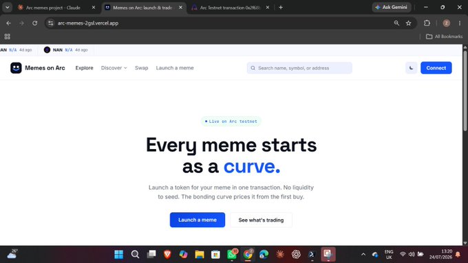 A web browser screenshot shows the 'Memes on Arc' platform with the headline 'Every meme starts as a curve' and buttons to 'Launch a meme' or 'See what's trading'.