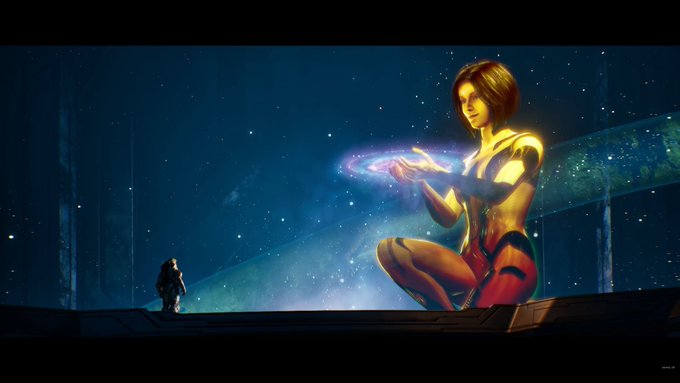 A giant woman with cosmic, star-filled hair kneels in space holding a glowing galaxy in her hands, while a small armored figure approaches her. The breathtaking, awe-inspiring imagery matches the post's sentiment of "awesome," capturing the wonder of a cosmic, godlike encounter.