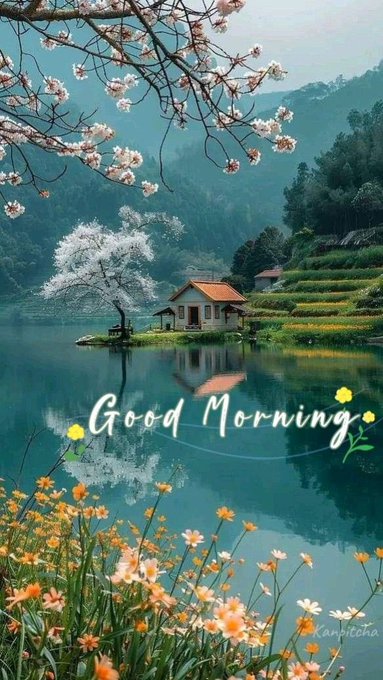 A scenic landscape featuring a lakeside cottage, cherry blossoms, and wildflowers with the text 'Good Morning' overlaid, signed 'kanpitocha'.