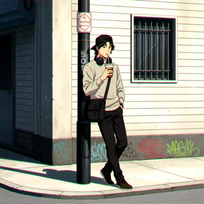 Anime-style illustration of a young man in a cap, gray sweater, and dark pants leaning against a lamppost on a street corner, drinking from a cup, with a 'No Loading' sign visible.
