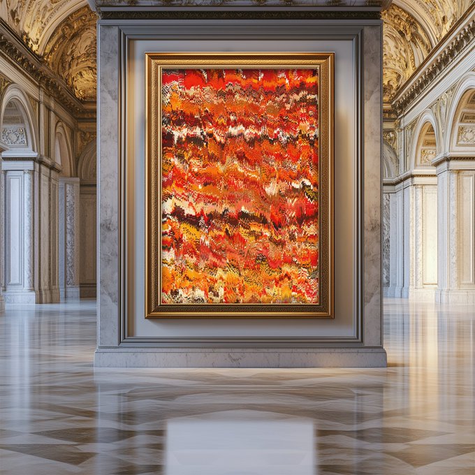A framed abstract painting in fiery reds, oranges, and blacks displayed on a marble pedestal in an ornate gallery hall with gilded architecture and a polished checkered floor.