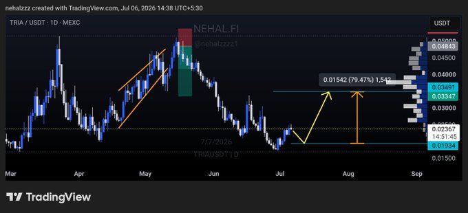 A TradingView daily chart for TRIA/USDT on MEXC shows a price projection from ~$0.01934 to a target of $0.01542 (a potential 79.47% move), with key levels marked in cyan highlighting $0.04843 and $0.01934.