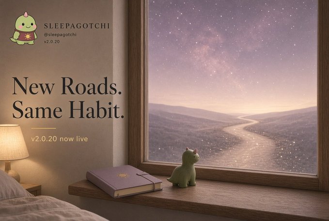 A cozy bedroom scene with a window showing a starry night sky, a small green dinosaur figurine, a purple book, and text reading 'SLEEPAGOTCHI @sleepagotchi v2.0.20' and 'New Roads. Same Habit. v2.0.20 now live'.