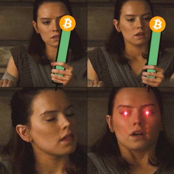 The four-panel meme features Rey from Star Wars examining a green lightsaber topped with a Bitcoin logo, culminating in her final frame with glowing red eyes—a reference to the dark side—humorously suggesting that "GM#Bitcoin" (Good Morning Bitcoin) is so powerful it turns even Jedi to the dark side.