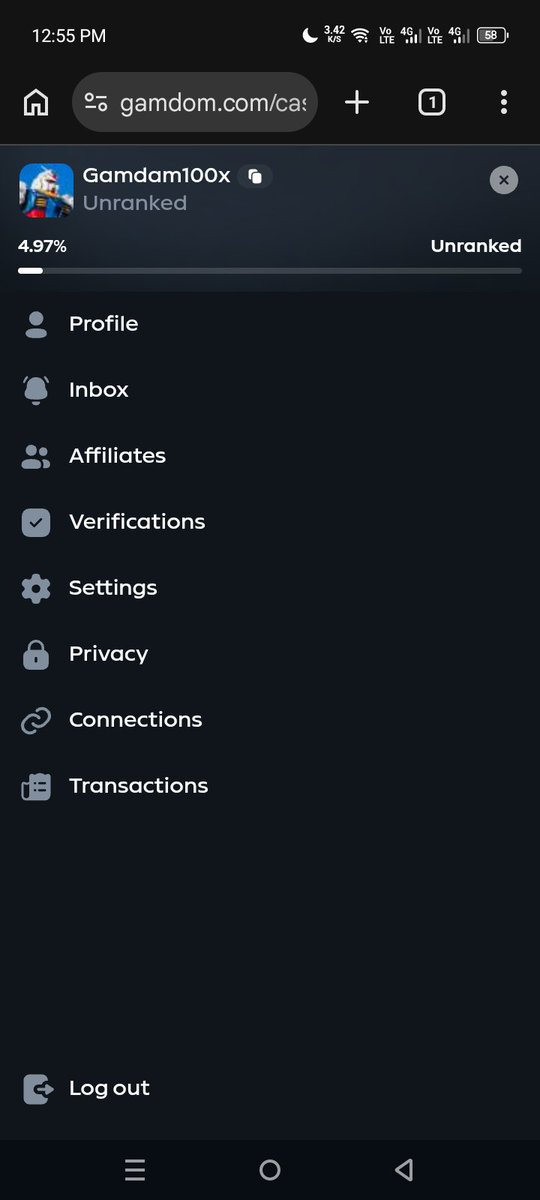 A mobile screenshot of the gamdom.com website's side menu for user 'Gamdam100x' showing an 'Unranked' status at 4.97%, with navigation options including Profile, Inbox, Affiliates, Verifications, Settings, Privacy, Connections, Transactions, and Log out.