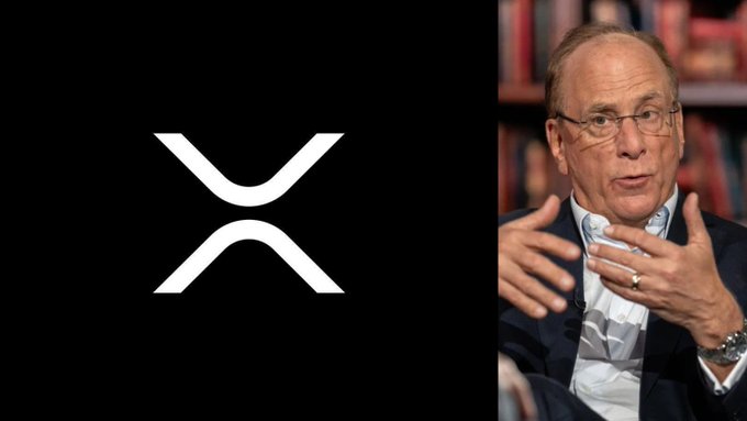 The image shows the XRP logo (a stylized "X") on a black background next to a photograph of a man in a suit and glasses gesturing with his hands, likely during a discussion or interview, relating to the post about BlackRock's reported interest in XRP.