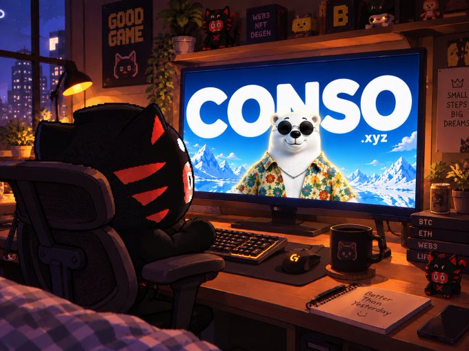 Gaming setup illustration featuring a character at a desk with monitor displaying 'CONSO.xyz' and a bear in floral shirt, with crypto stickers for BTC, ETH, WEB3, LIFEPING.