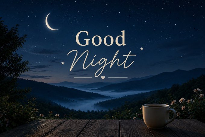 A 'Good Night' greeting image featuring a night sky with a crescent moon over misty mountains, with a coffee mug sitting on a wooden surface in the foreground.