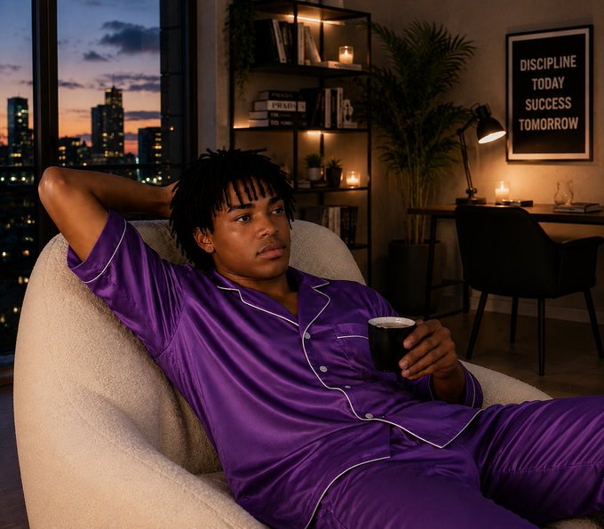 A young man with dreadlocks lounges on a beige chair in purple silk pajamas, holding a black mug in a stylish room with a 'DISCIPLINE TODAY SUCCESS TOMORROW' sign.