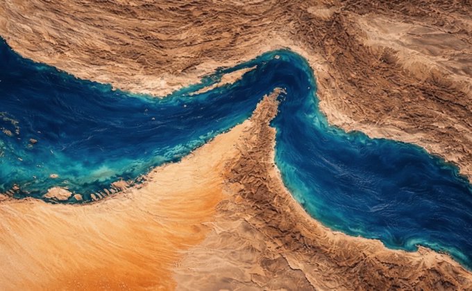 A satellite view shows the Strait of Hormuz, a narrow waterway between Iran and Oman, with its deep blue waters winding through the surrounding desert terrain. The image illustrates the strategic chokepoint referenced in the news about Iran's closure of this critical maritime passage.