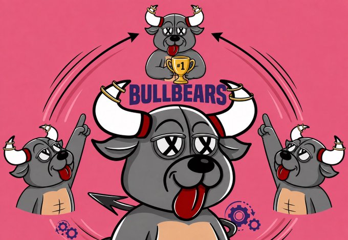 Cartoon mascot illustration labeled 'BULLBEARS' featuring gray bull characters with red horns and X-shaped eyes.