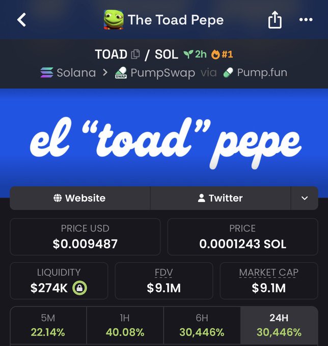 A screenshot of a cryptocurrency tracker shows "The Toad Pepe" (TOAD/SOL), a newly launched token on Solana via PumpSwap/Pump.fun, with a price of $0.009487 and an FDV of $9.1M. Despite only being 2 hours old, the token has surged 30,446% in 24 hours, illustrating the volatile "trenches" activity making a comeback on Solana.