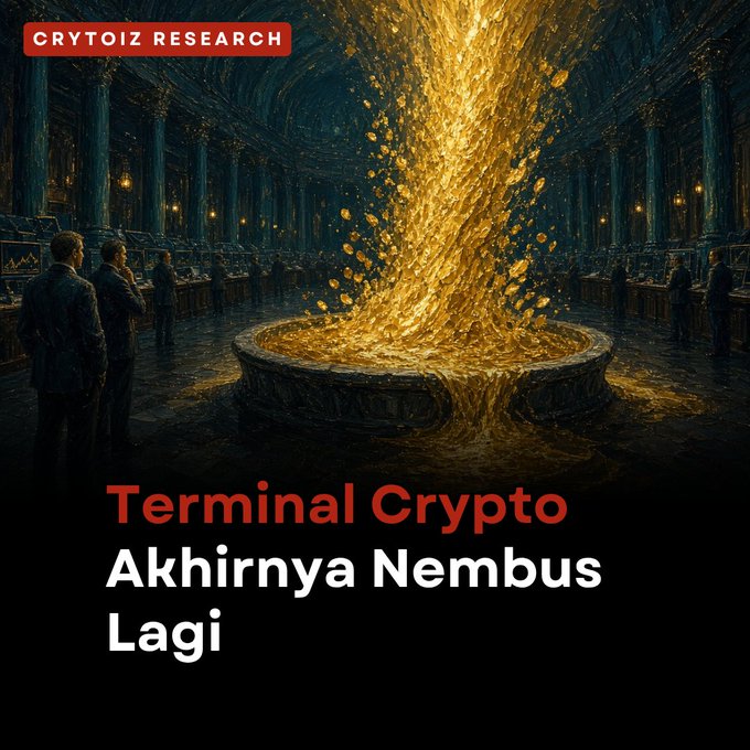 A crypto promotional graphic from 'CRYTOIZ RESEARCH' titled 'Terminal Crypto Akhirnya Nembus Lagi' features a grand hall with a towering fountain of golden coins erupting from a stone basin.