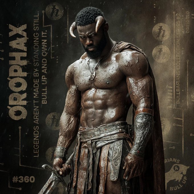 Digital artwork of a muscular warrior named 'OROPHAX' (#360) with horns and a sword, part of the 'Bullbarians Collection Series #2'.