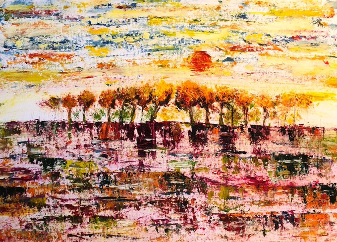 A vibrant expressionist painting depicting a sunlit landscape with a row of golden-leaved trees silhouetted against a warm, sunset-toned sky, reflected in pink and magenta fields below—evoking a peaceful, hopeful mood fitting for a "Good Morning" message.