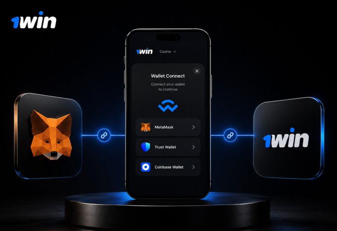 The image shows a smartphone displaying a "Wallet Connect" screen for 1win Casino, listing options to connect MetaMask, Trust Wallet, and Coinbase Wallet. This illustrates how @1winPro streamlines user onboarding by integrating with popular crypto wallets.