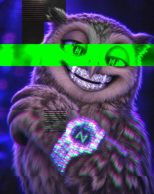 A stylized digital illustration of an owl character with a glittery smile, featuring glitch art elements with horizontal green bands and a pixelated logo on its chest.