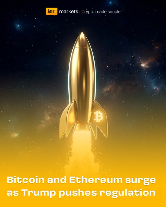 A promotional graphic from 'BIT markets | Crypto made simple' featuring a golden rocket with a Bitcoin symbol launching into a starry sky, with the headline 'Bitcoin and Ethereum surge as Trump pushes regulation.'