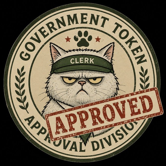 A vintage-style circular seal labeled 'GOVERNMENT TOKEN APPROVAL DIVISION' featuring a grumpy white cat wearing a visor that says 'CLERK', stamped with an 'APPROVED' mark.