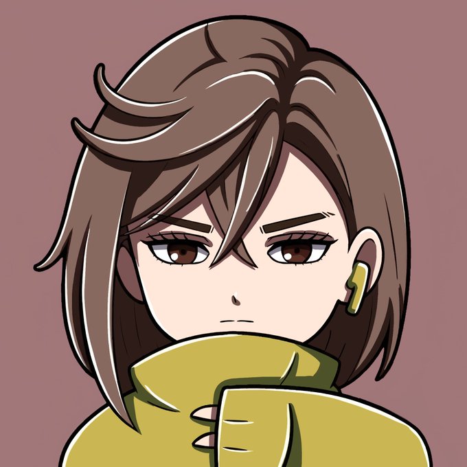 A digital anime-style portrait of a brown-haired character with an annoyed expression wearing a yellow-green jacket and yellow earring against a mauve background.