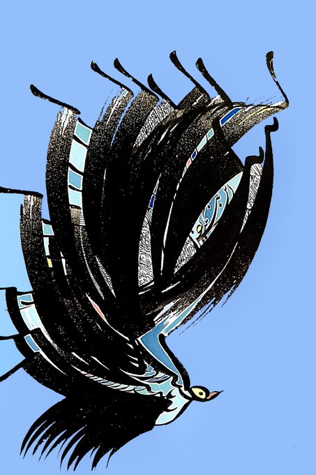 A stylized illustration of a black bird in flight against a light blue background, its tail feathers transformed into abstract, fragmented shapes resembling film strips or fragmented architectural elements.