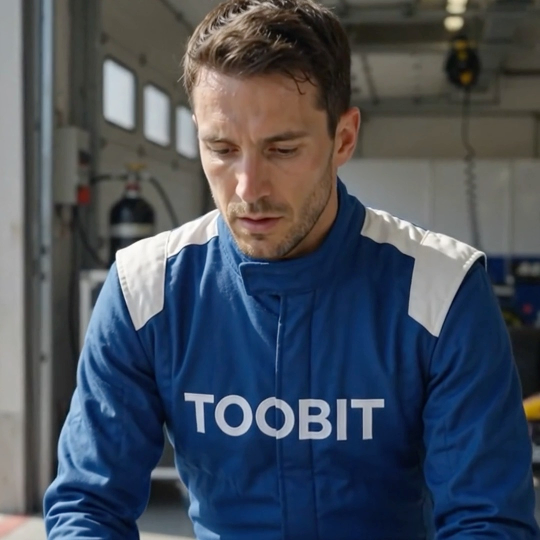 A man wearing a blue and white racing suit with "TOOBIT" printed across the chest looks down thoughtfully in what appears to be a garage setting, visually reinforcing the TIFT Team Racing promotion's focus on consistent performance rather than top placement.