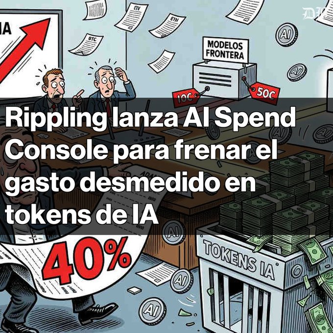 The image is a Spanish-language infographic/illustration titled "Rippling lanza AI Spend Console para frenar el gasto desmedido en tokens de IA" (Rippling launches AI Spend Console to curb excessive AI token spending).

Key visual elements include:
- Cartoon executives looking alarmed with a rising red arrow chart in the background
- Scattered papers labeled with ticker symbols like **BTC**, **ETH**, and **OTV**
- A box labeled **"MODELOS FRONTERA"** (Frontier Models) with price tags of **10¢** and **50¢**
- A large red **"40%"** displayed prominently on a document
- A vault/machine labeled **"TOKENS IA"** overflowing with stacks of cash and AI-themed coins

The illustration visually reinforces the post's message about Rippling's AI spending crisis—where 40% of R&D budget was being consumed by AI tokens—symbolized by the overflowing cash vault, the alarmed executives, and the