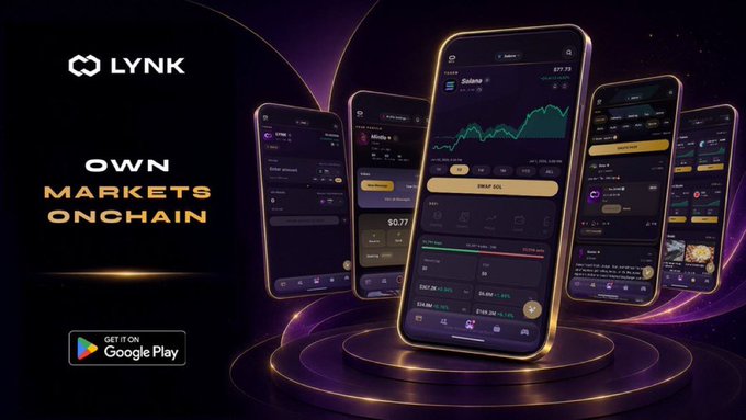 Promotional advertisement for the 'LYNK' app with the tagline 'OWN MARKETS ONCHAIN,' displaying multiple smartphone screens of trading interfaces and a 'GET IT ON Google Play' button.