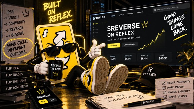 Promotional graphic for 'REFLEX' featuring a yellow reverse card mascot with sunglasses, highlighting '$REVERSE ON REFLEX' with metrics like 24h Volume $1.2M, Market Cap $8.4M, and Liquidity $420K, alongside phrases 'BUILT ON REFLEX' and 'GOOD THINGS COME BACK.'