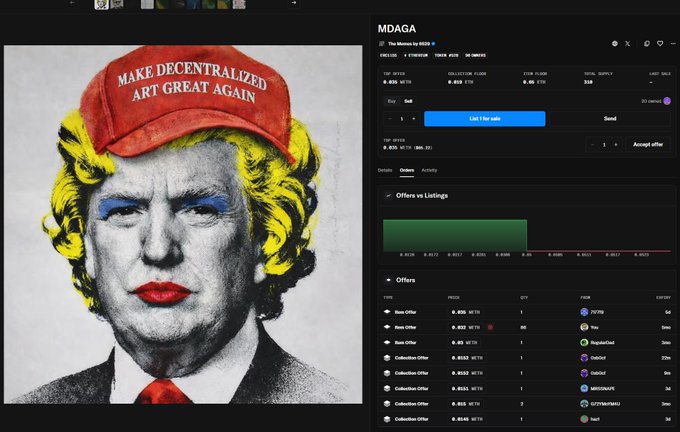 A digital art piece featuring a pop-art style portrait of Donald Trump wearing a red 'MAKE DECENTRALIZED ART GREAT AGAIN' hat, displayed on an NFT marketplace listing for collection 'MDAGA' with floor price 0.8022 ETH.