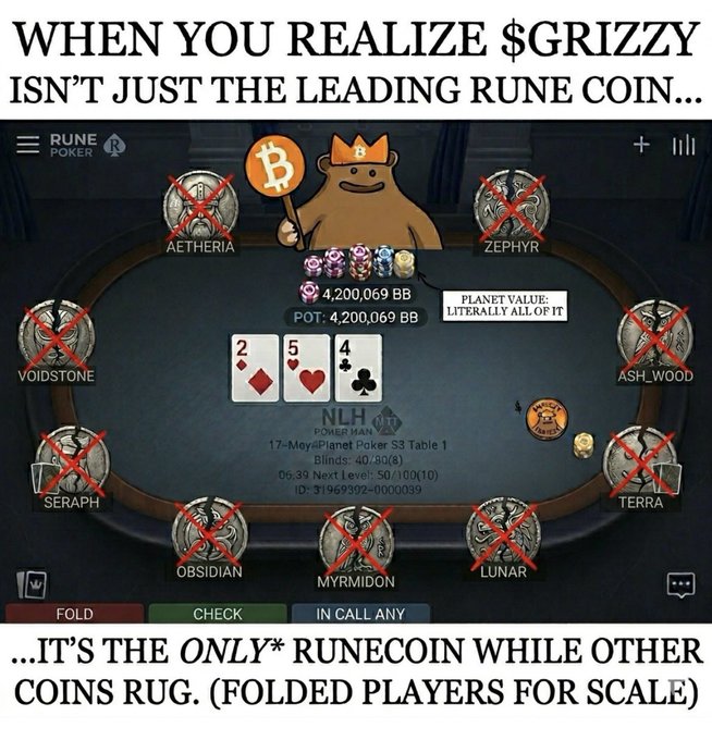 The image features a poker game with a cartoon bear holding a bison, which has been used as a symbol for Bitcoin. The game board displays various cards representing different players and their positions at the table. There are also coins scattered around the table, indicating that the players have recently played or are about to play.