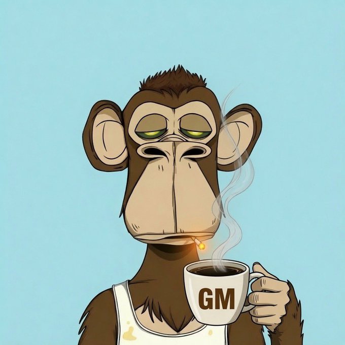 A cartoon illustration of a relaxed monkey with half-closed eyes holding a steaming cup of coffee labeled 'GM'.