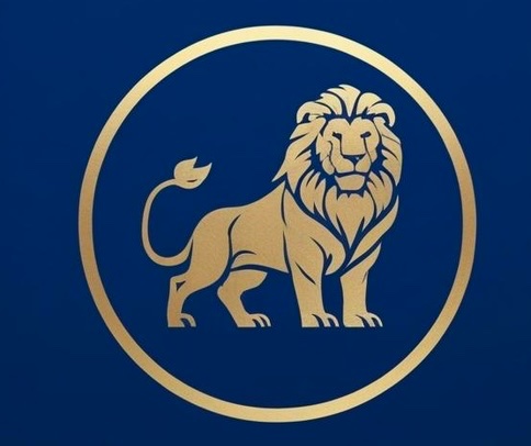 A digital graphic featuring a stylized gold lion standing within a gold circle on a dark blue background.