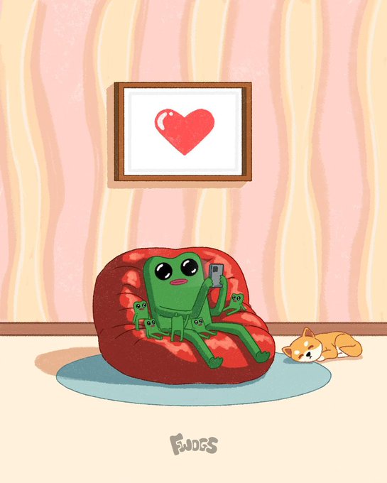 A cartoon illustration depicts a green frog character sitting in a red beanbag chair holding a smartphone, with a small orange cat sleeping on the floor nearby and a framed heart picture on the wall.