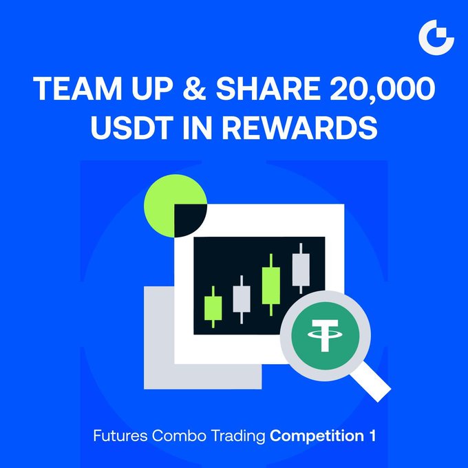 A promotional graphic on a blue background advertising 'TEAM UP & SHARE 20,000 USDT IN REWARDS' for a 'Futures Combo Trading Competition 1,' featuring a candlestick chart illustration and a magnifying glass with the Tether (USDT) logo.