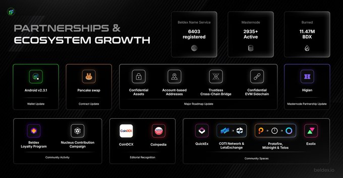 A Beldex.io 'Partnerships & Ecosystem Growth' infographic showcasing statistics: 6,403 Betdex Name Service registrations, 2,935+ MasterMode, and 11.47M BDX burned.