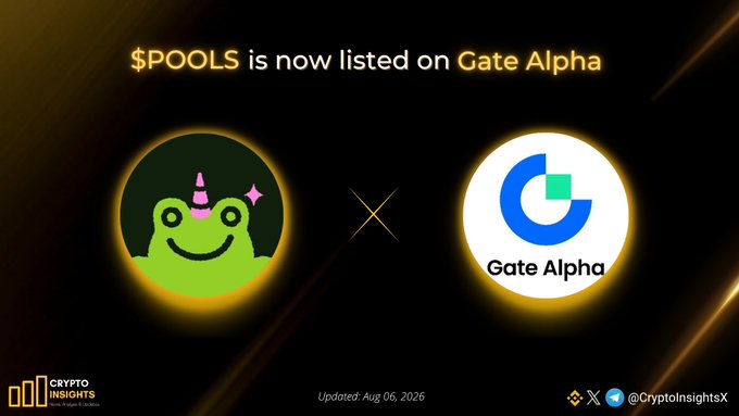 A promotional graphic announces "$POOLS is now listed on Gate Alpha" with the green frog Pools logo and Gate Alpha logo displayed side by side. The image relates to the accompanying post by highlighting the token's new listing on Gate Alpha, with a timestamp of Aug 06, 2026, and branding from Crypto Insights.