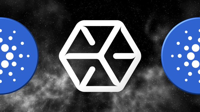 The image features the white Cardano (ADA) hexagonal logo flanked by two blue Cardano coin designs, set against a starry black background, visually representing the cryptocurrency mentioned in Everstake's bullish statement about ADA's price strength and ongoing development.