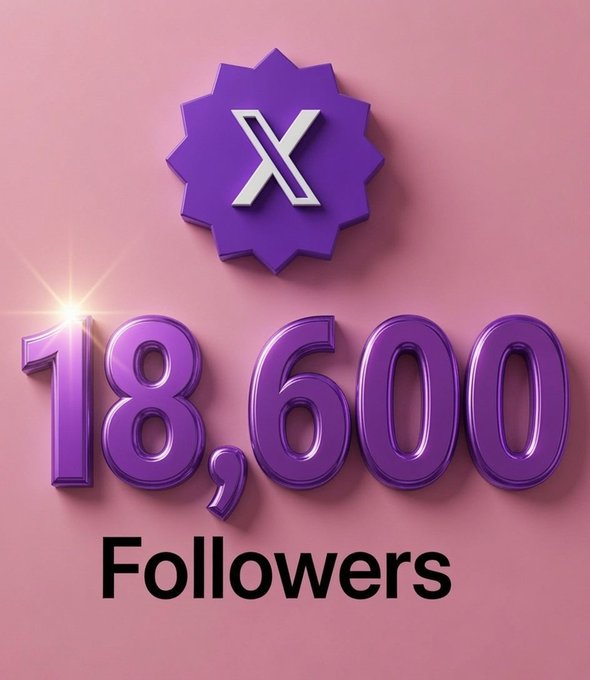 A graphic celebrating '18,600 Followers' featuring a purple X (Twitter) badge on a pink background.