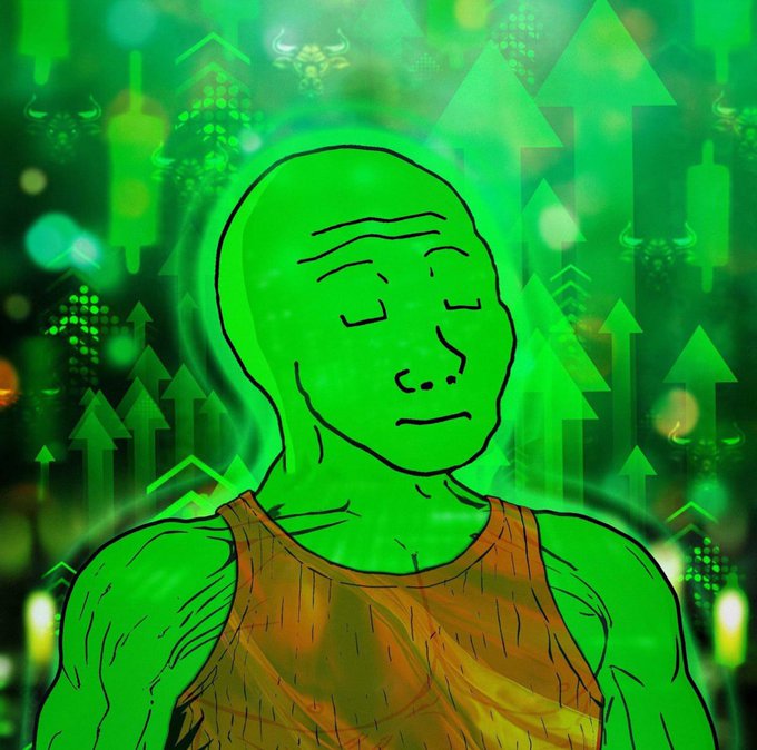A digitally illustrated, glowing green humanoid figure with a serene expression and an orange shirt stands against a background of green candlestick charts and upward arrows, suggesting a bullish market trend.