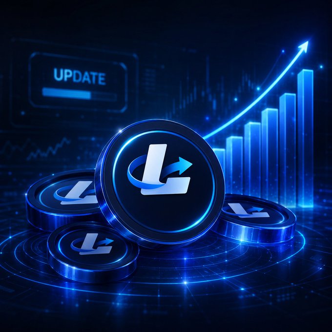 A digital illustration of stacked cryptocurrency coins featuring the Litecoin (L) logo, with a blue neon aesthetic, ascending bar chart and arrow in the background, and an 'UPDATE' notification panel.