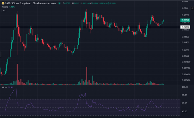 A TradingView chart of CATE/SOL on PumpSwap (8h timeframe) shows the price consolidating around 0.05402 with a 5.53% gain and RSI at 59.95, aligning with the bullish sentiment in the post suggesting CATE's next target could be 100 million.