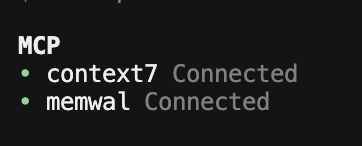 A dark terminal screenshot showing 'MCP' with green dots indicating 'context7 Connected' and 'memwal Connected'.