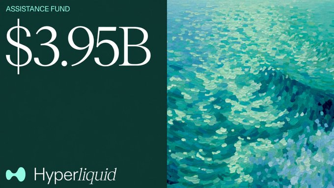 A promotional image showing an 'ASSISTANCE FUND' of '$3.95B' with the Hyperliquid logo on a dark green background, alongside an impressionistic painted ocean wave.