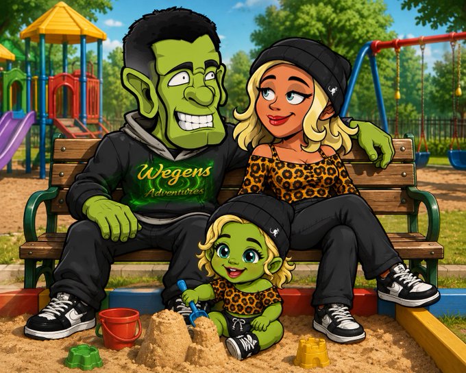A green‑skinned Frankenstein dad in a “Wegens Adventures” hoodie sits with his blonde partner and a tiny green baby on a park bench, embodying the “Wegen” couple NFTs teased for a Labor Day “We‑Baby” ETH launch.