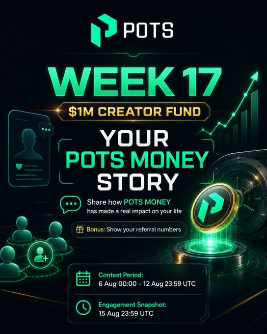 Promotional poster for POTS Week 17 announcing a $1M Creator Fund for users to share their 'POTS Money Story,' with contest running 6-12 August UTC.