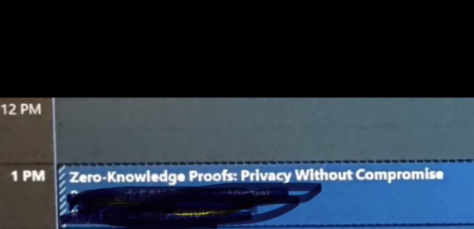 A close-up of a work calendar showing a 1 PM meeting titled "Zero-Knowledge Proofs: Privacy Without Compromise." The image supports the post by suggesting that a senior IT director at a major US bank was exploring zero-knowledge proof technology, which ties into the claim that Kaspa ($KAS) can verify ZK proofs on Layer 1.